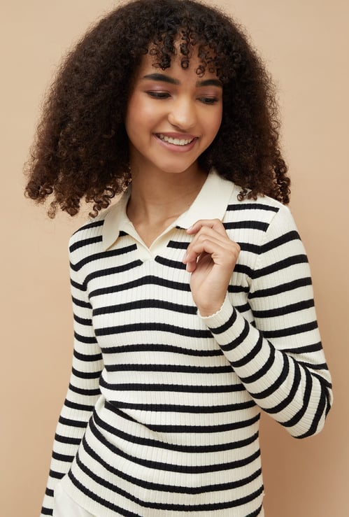 FAME FOREVER Striped Knit Polo T-shirt
