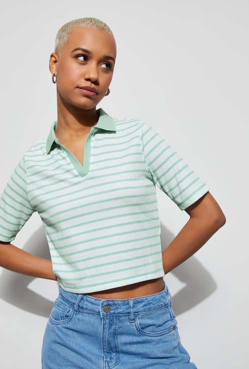 GINGER Striped Johnny Collar T-shirt