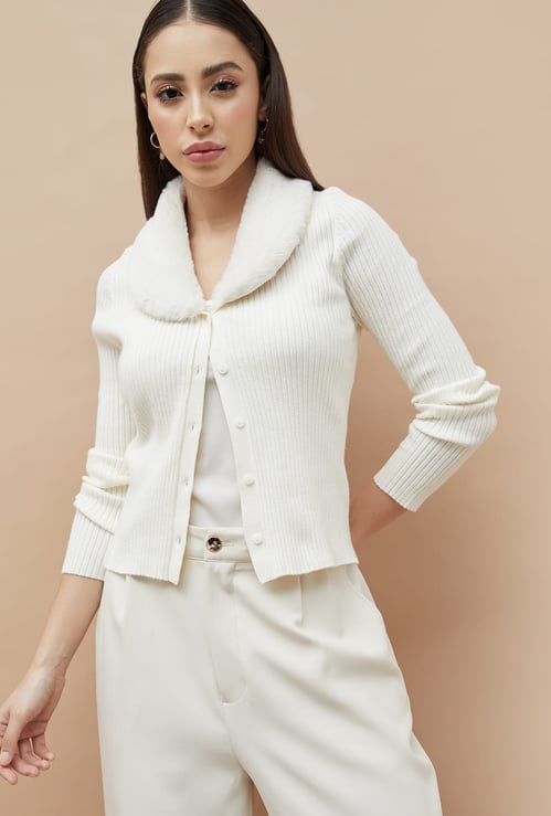 CODE Knit Cardigan with Faux Fur Collar