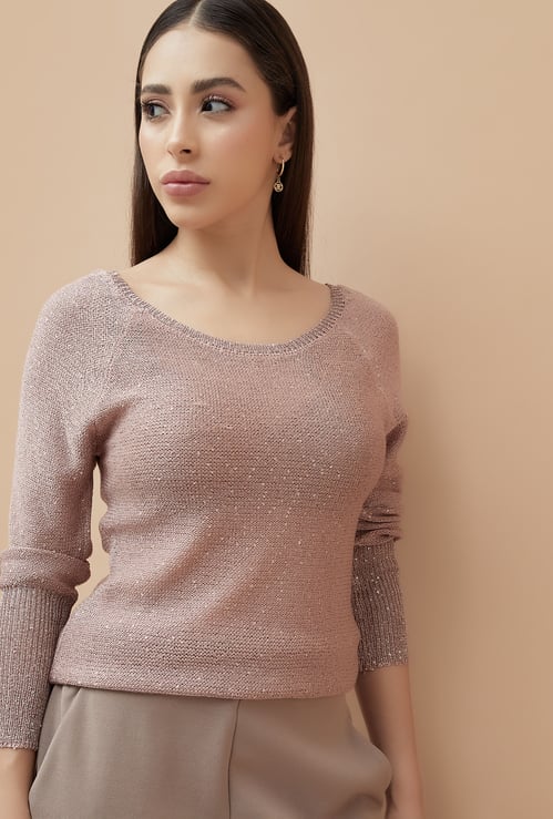 CODE Embellished Knit Top with Back Tie-Up