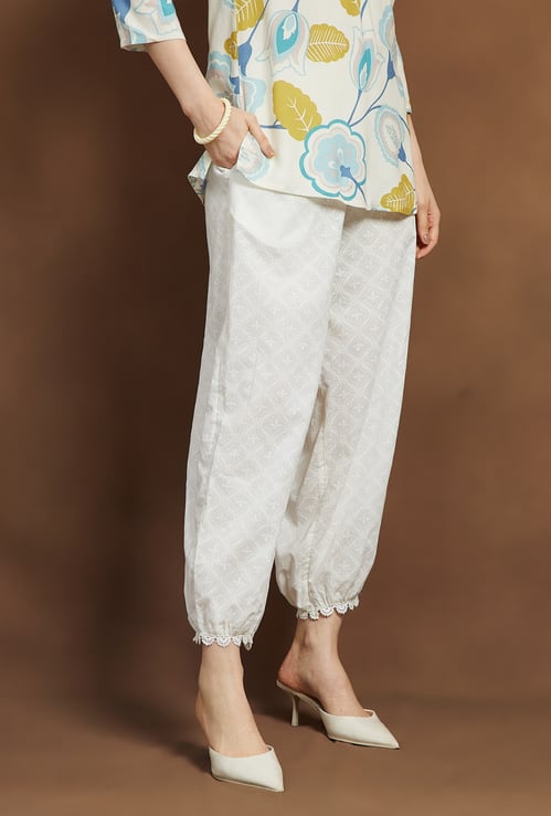 MELANGE Ethnic Motif Straight Pants with Lace Hem