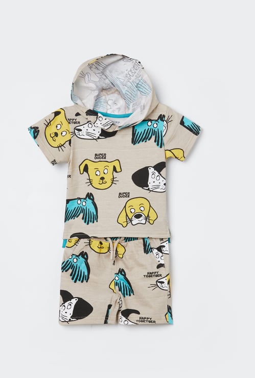 JUNIORS Boys Dog Print Hooded T-shirt with Shorts