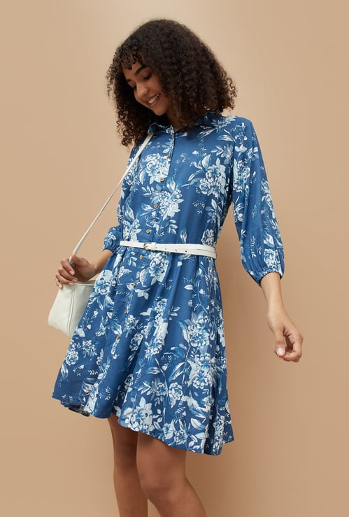 COLOUR ME Floral Print Shirt Dress with Belt