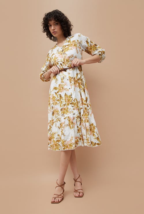 COLOUR ME Floral Print A-Line Dress with Belt