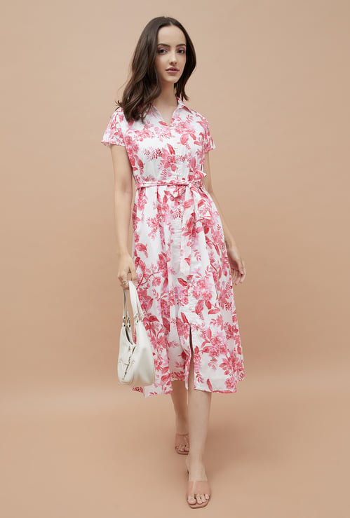 COLOUR ME Floral Print Shirt Dress with Belt