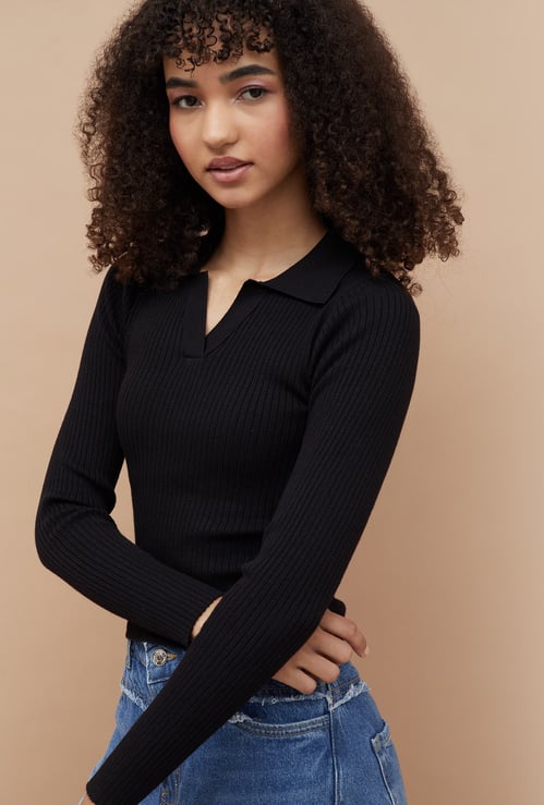 GINGER Ribbed Knit Collared Top