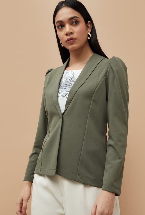 CODE Solid Puffed Sleeve Blazer