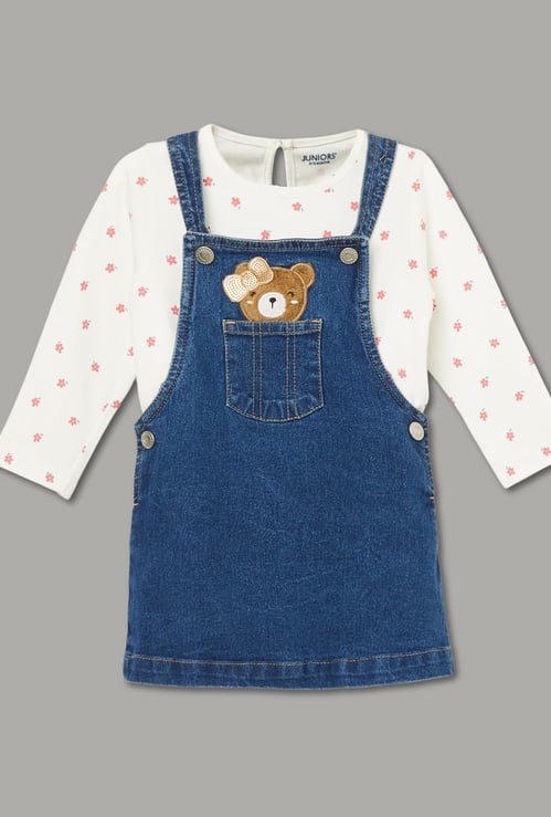 JUNIORS Girls Appliqued Pinafore Dress with Top