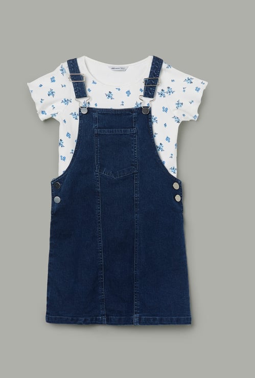 FAME FOREVER Girls Washed Denim Dungaree with T-shirt
