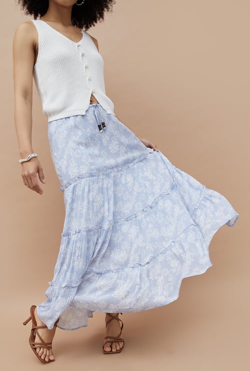 GINGER Floral Print Tiered Maxi Skirt