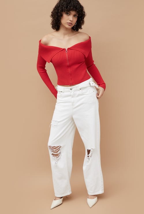 GINGER Ribbed Off-Shoulder Top