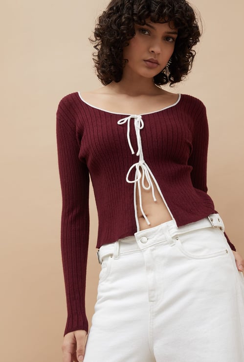 GINGER Ribbed Tie-Up Neck Top