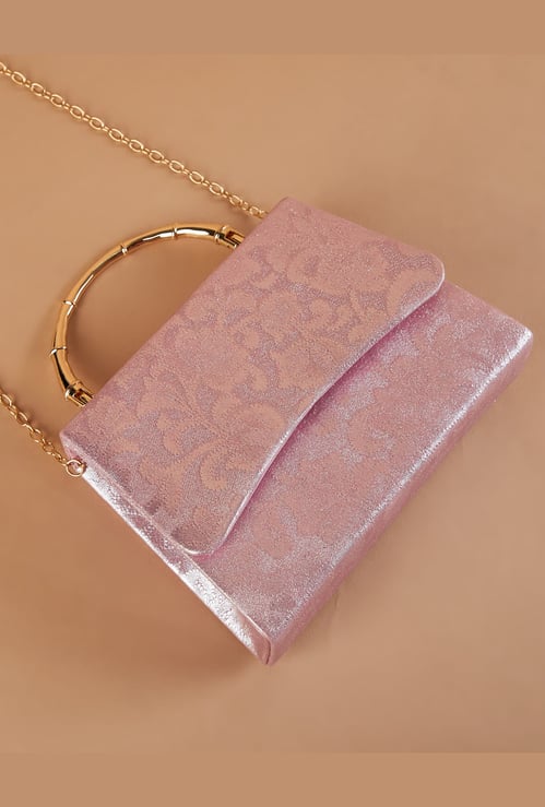 CODE Patterned Metallic Clutch with Chain Strap