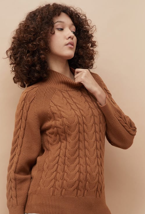 COLOUR ME Cable Knit Mock Neck Sweater