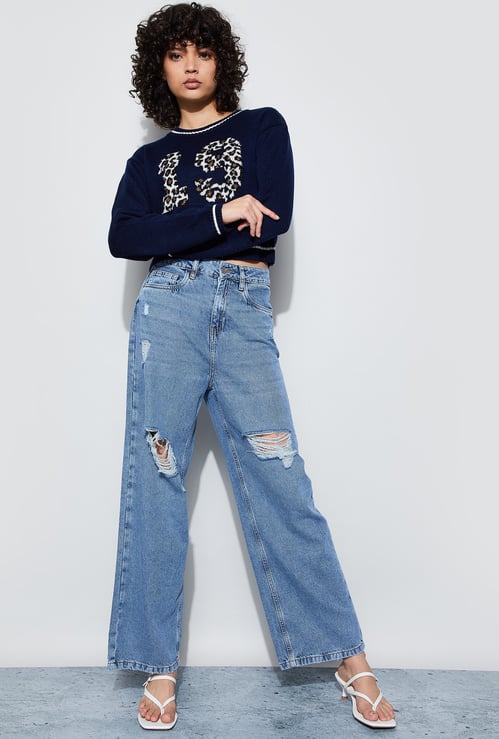 GINGER Distressed Wide Leg Jeans