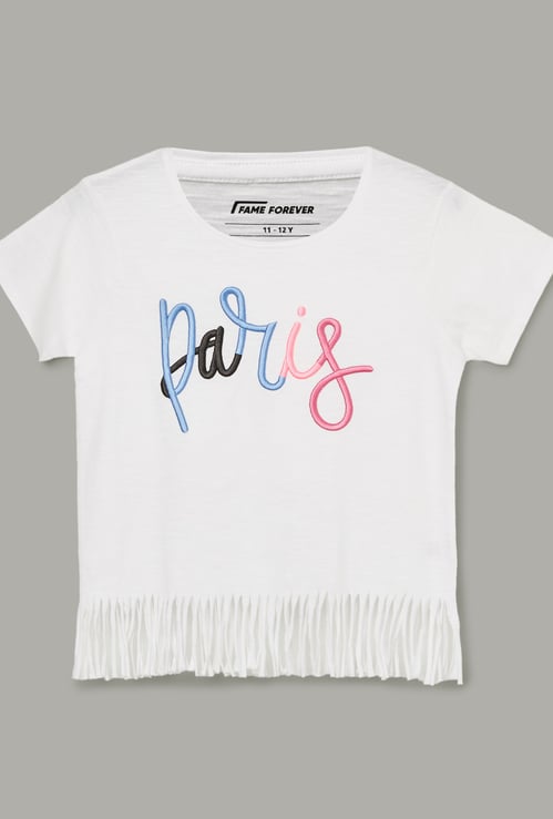 FAME FOREVER Girls Embrodiered T-shirt with Fringe Hem