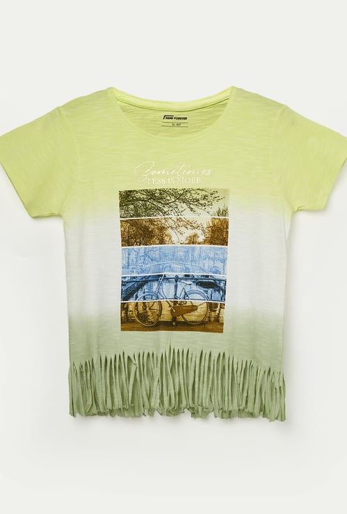 FAME FOREVER Girls Graphic Print T-shirt with Fringe Hem
