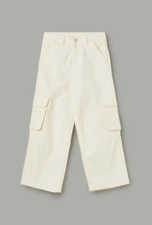 FAME FOREVER Girls Solid Wide Leg Cargo Jeans