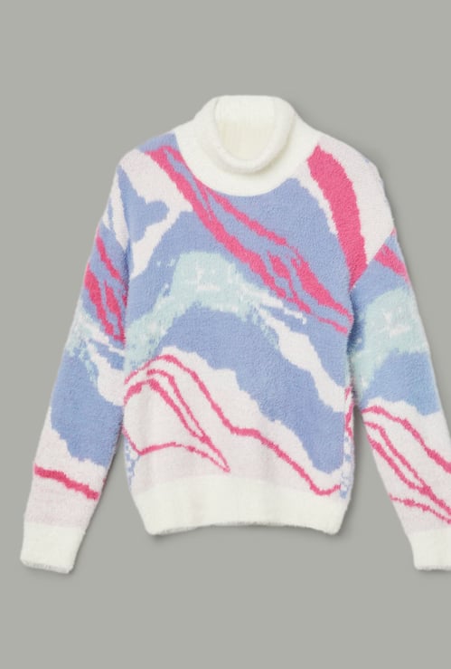 FAME FOREVER Girls Abstract Print Polo Neck Sweater