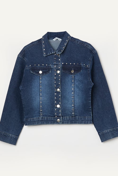 FAME FOREVER Girls Studded Denim Jacket