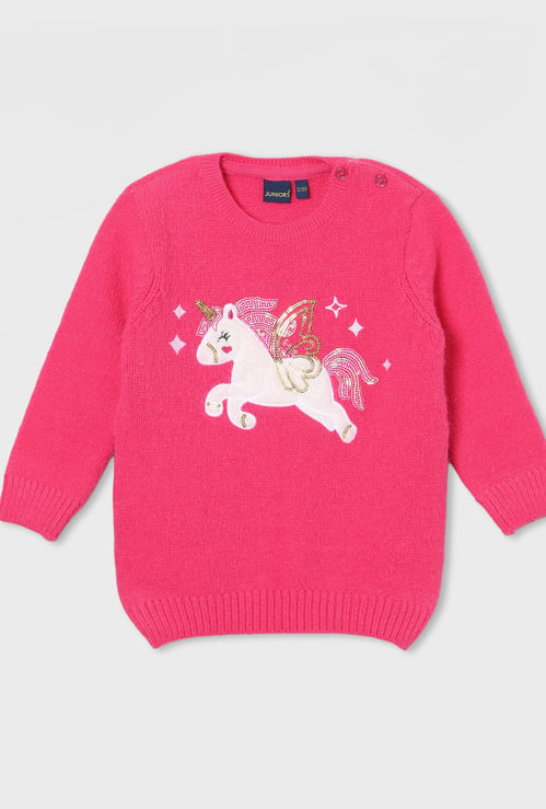 JUNIORS Girls Unicorn Applique Sweater