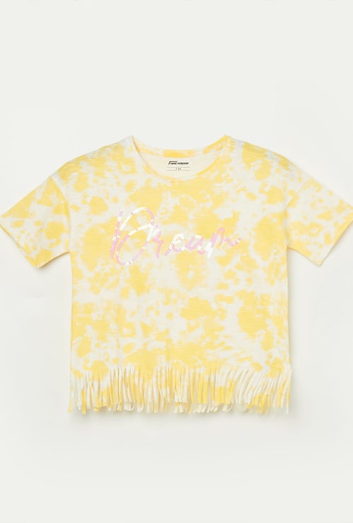 FAME FOREVER Girls Tie & Dye T-shirt with Fringe Hem