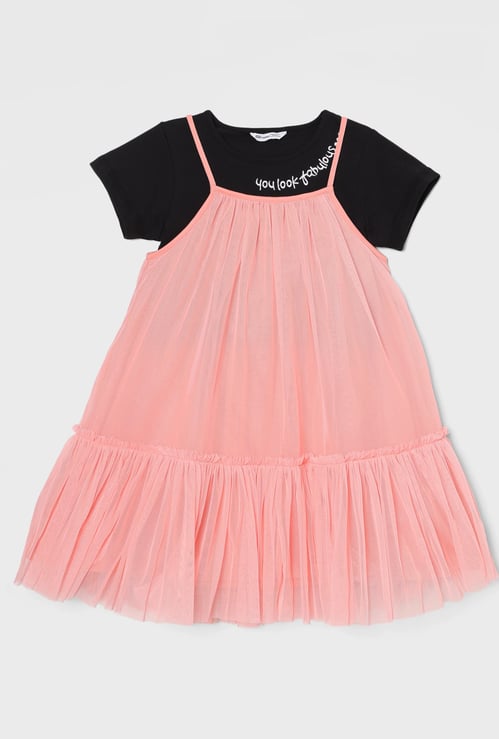 FAME FOREVER Girls Gathered Detail A-line Dress with T-shirt