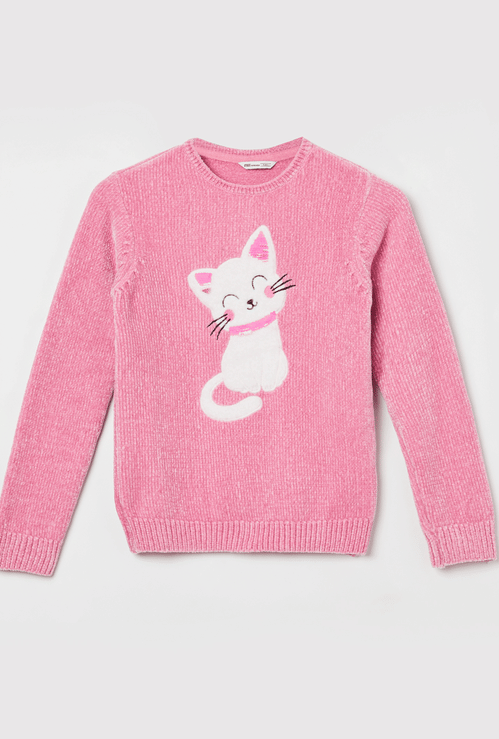 FAME FOREVER Girls Cat Applique Sweater