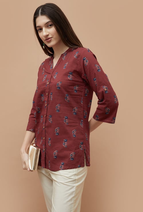 MELANGE Floral Print Notched Neck Straight Kurti