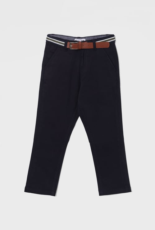 FAME FOREVER Boys Solid Slim Fit Trousers with Belt