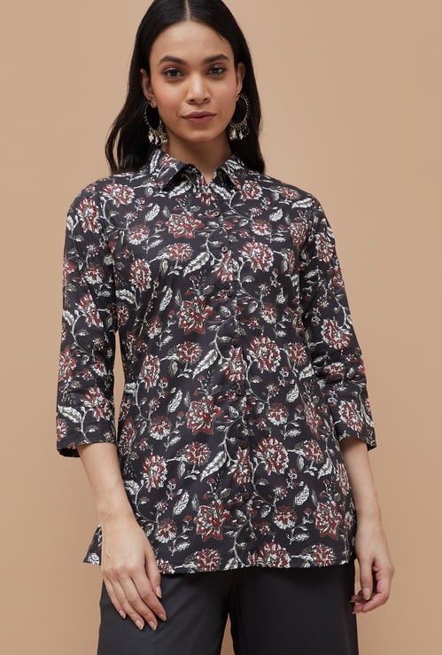 MELANGE Floral Print Shirt Style Tunic