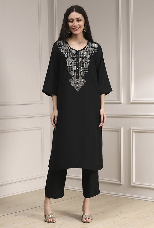 BIBA Embroidered Yoke Straight Kurta Set