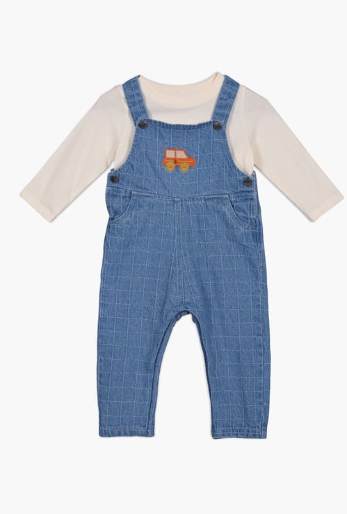 FS MINI KLUB Checked Denim Dungarees with T-shirt
