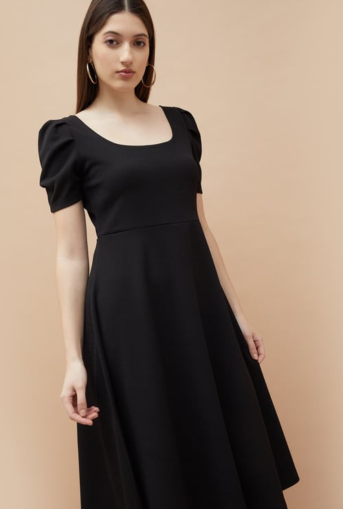 CODE Solid Puffed Sleeves A-line Dress