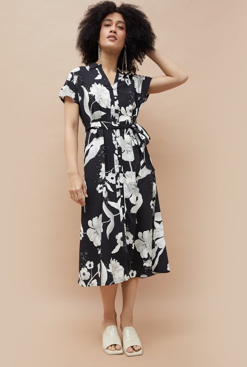 COLOUR ME Floral Print Shirt Dress with Belt