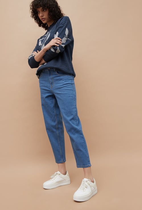 COLOUR ME Solid Mom Fit Crop Jeans