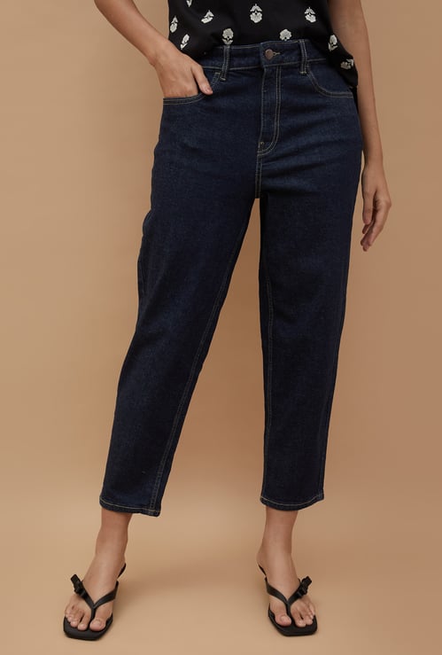 COLOUR ME Solid Mom Fit Crop Jeans