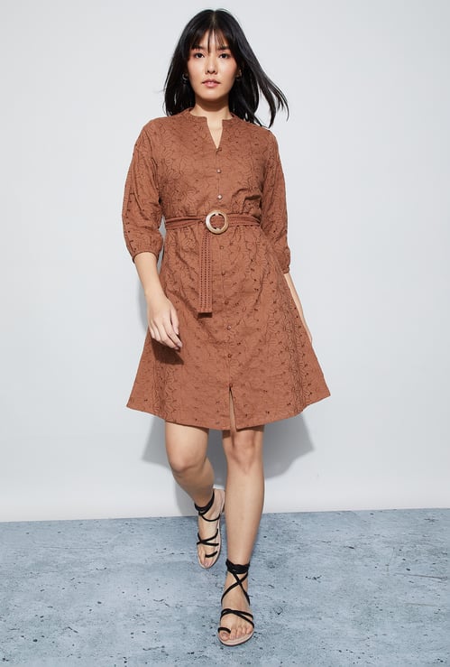 FAME FOREVER Schiffli Detailed Shirt Dress with Belt