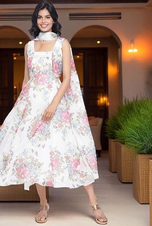 W Floral Print Flared Dress with Dupatta