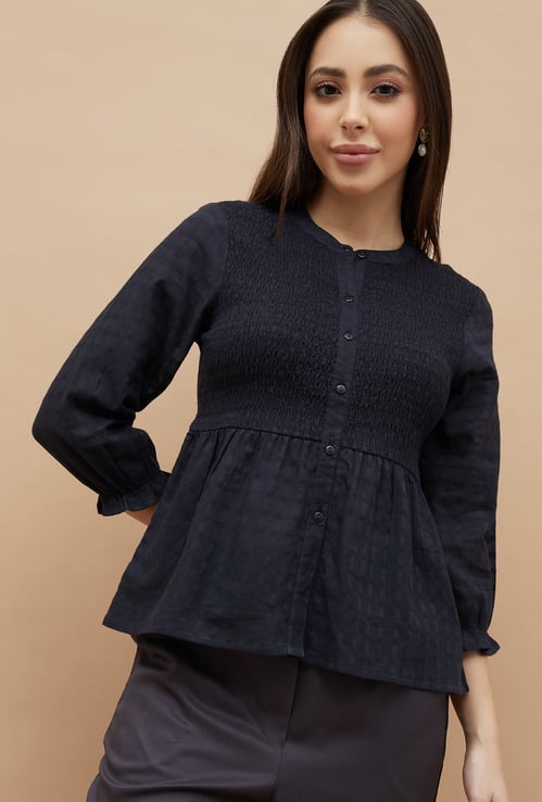 FAME FOREVER Textured Buttoned Casual Top