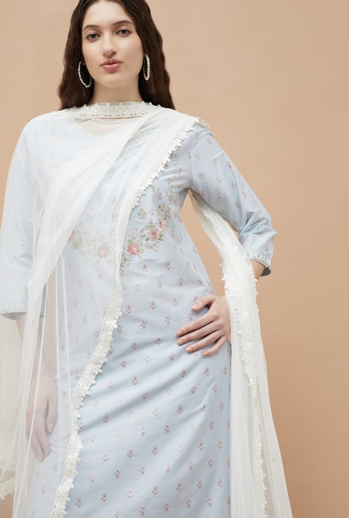 MELANGE Solid Dupatta with Lace Border