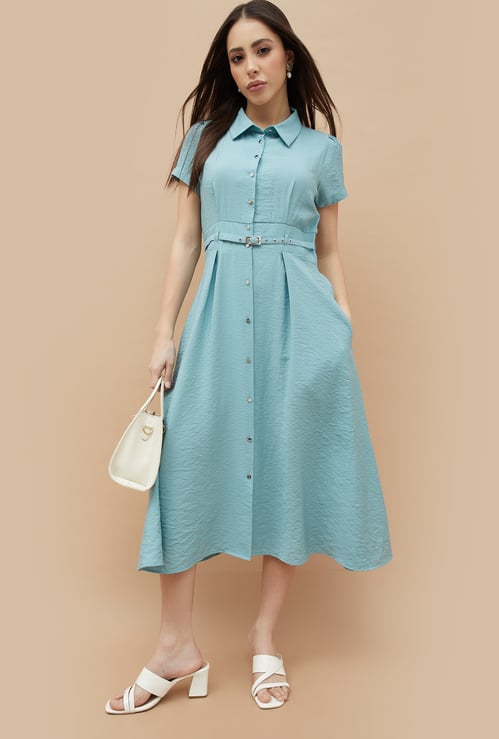 CODE Textured Shirt Dress with Belt