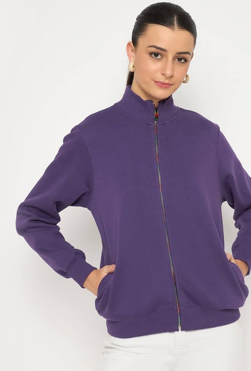 MADAME Solid Zip-Through Sweatshirt