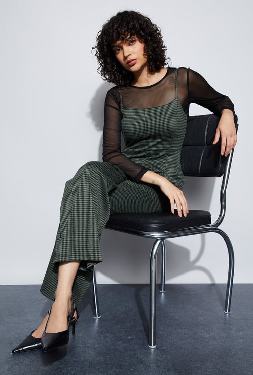 GINGER Houndstooth Pattern Jumpsuit with Mesh Top