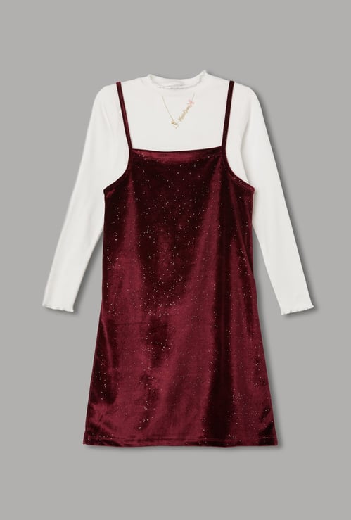 FAME FOREVER Girls Shimmer A-line Dress with Knitted Top