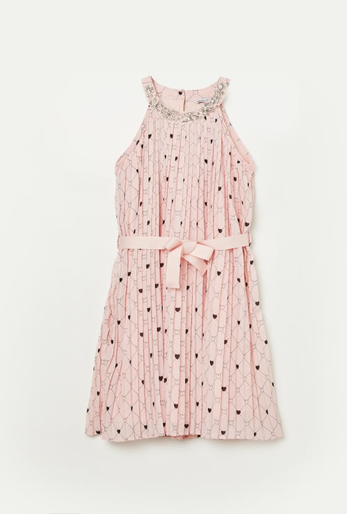 FAME FOREVER Girls Heart Print A-Line Dress with Belt