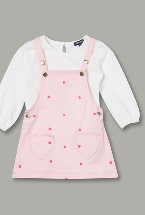 JUNIORS Girls Heart Embroidered Pinafore Dress with Top