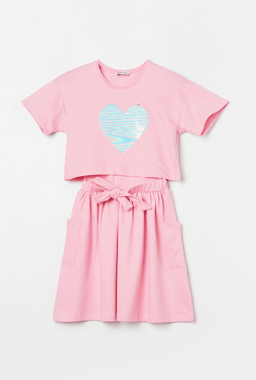 FAME FOREVER Girls A-line Dress with Flip Sequinned T-shirt