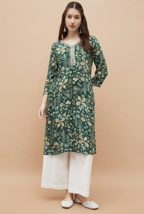 MELANGE Straight Floral Print V-Neck Kurta
