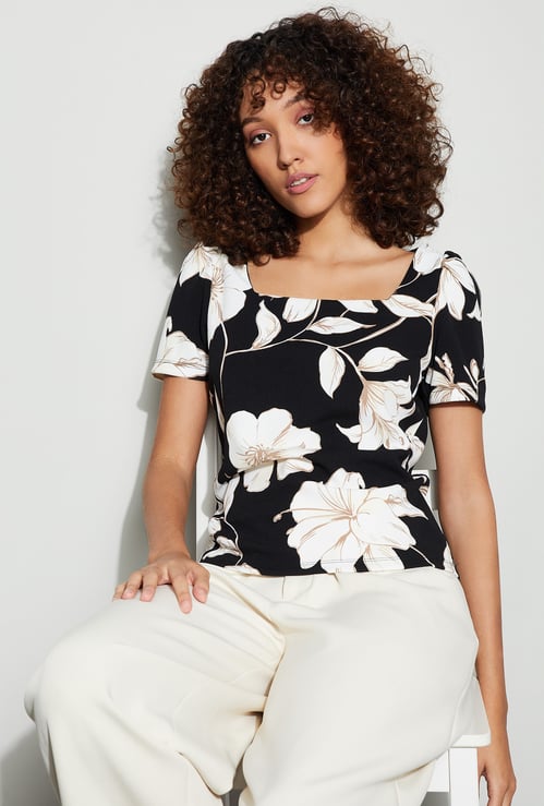CODE Floral Print Square Neck Top